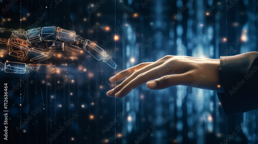Poster artificial intelligence machine learning robot hands and human touch