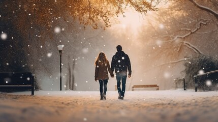 Fototapeta na wymiar A couple in elegant winter attire, walking through a snowy park