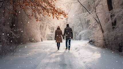 Fototapeta na wymiar A couple in elegant winter attire, walking through a snowy park