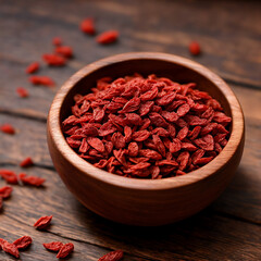 Dried goji berries in wooden bowl on a brown background
