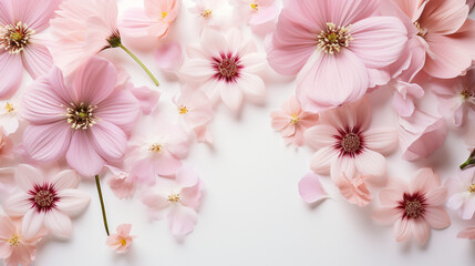 Image of delicate pastel pink beautiful flowers arrangement over white wooden background. Flat lay, top view , Generate AI