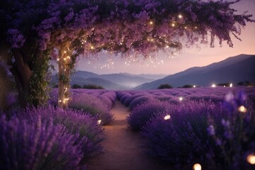 A stunning realistic depiction of an Enchanted Night in a Floral Bower of Lavender Bliss, with delicate petals and twinkling stars creating a magical atmosphere.


