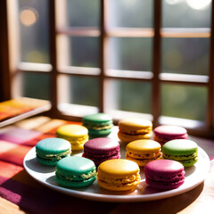 Obraz na płótnie Canvas Multicolored delicious macaroons on blurred light morning background with sun rays from the window. A plate with colorful macaro
