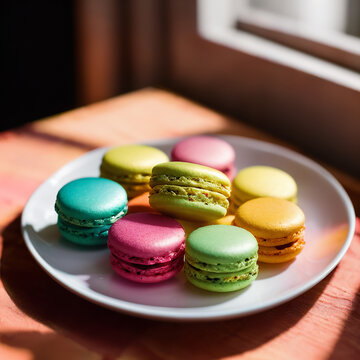 Multicolored delicious macaroons on blurred light morning background with sun rays from the window. A plate with colorful macaro