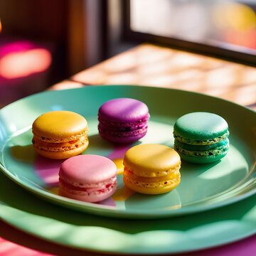 Multicolored delicious macaroons on blurred light morning background with sun rays from the window. A plate with colorful macaro