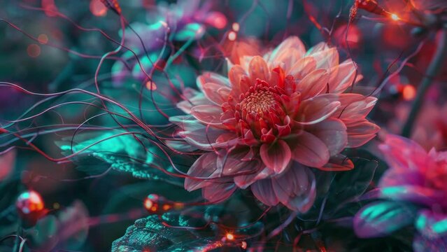 strange and alien flowers with wires and cables coming out 