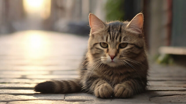 A cute cat sit in the place, sun background, high regulation photo