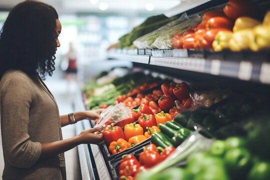 Black woman grocery shopping in produce section of supermarket