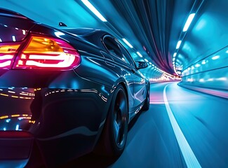 Car with high speed rides through tunnel with blurred image, side view of car, 3d rendering illustration Generative AI