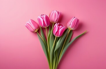 Pink tulips on the pink background. Valentines background. Beautiful Tulips flowers isolated on pink Background. Springtime flowers for Womens Day, Wedding, Birthday