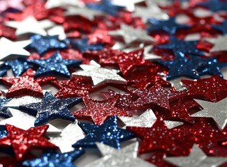 Stars confetti in national colors for American independence day shiny blue, red and white stars selective focus background illustration Generative AI