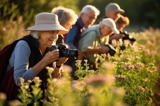 Senior nature photography club. group of senior caucasian people of taking photos of flora and fauna,