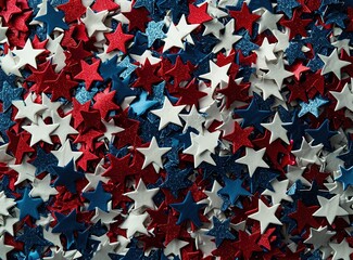 Confetti stars in national colors for American independence day shiny blue, red and white stars background illustration Generative AI