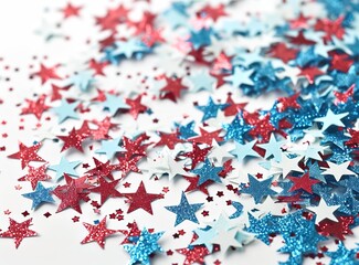 Stars confetti in national colors for American independence day shiny blue, red and white stars selective focus background illustration Generative AI