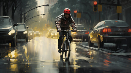 Bicyclist commutes on a rainy day