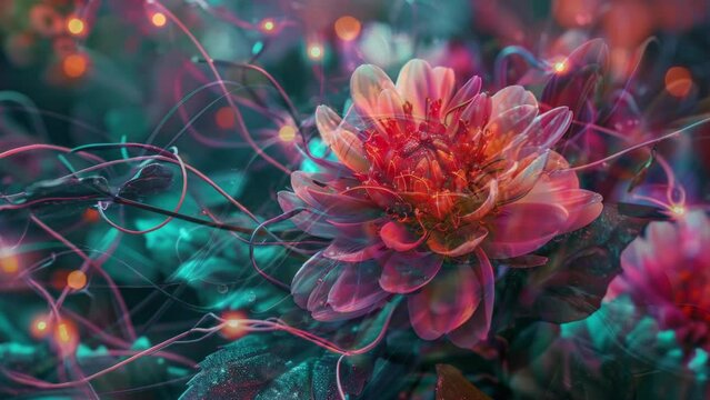 strange and alien flowers with wires and cables coming out 
