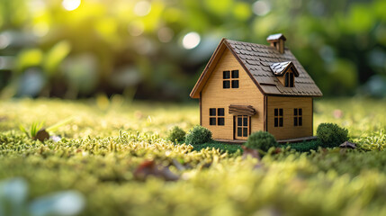 New home concept, wooden model of house on grass