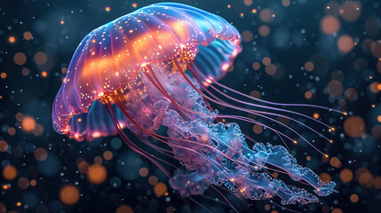 Vibrant jellyfish  with glowing tentacles - obrazy, fototapety, plakaty