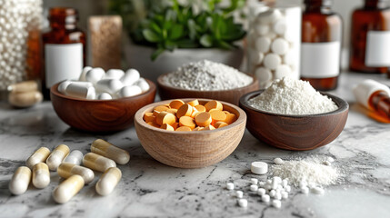 Dietary supplements for health and beauty, in pill and powder forms, vitamins, collagen, biotin