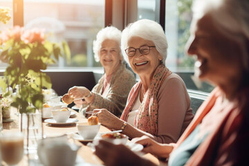 Senior elderly women friends meeting, gathering in cafe for communication and coffee, lunch at table