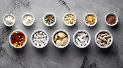 Dietary supplements for health and beauty, in pill and powder forms, vitamins, collagen, biotin