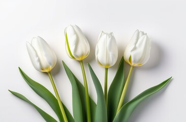 White tulips on the white background. Valentines background. Beautiful Tulips flowers isolated on white Background. Springtime flowers for Womens Day, Wedding, Birthday