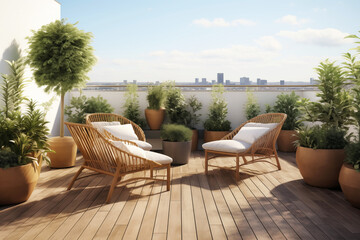 Cozy outdoor roof terrace with armchairs and potted plants - obrazy, fototapety, plakaty