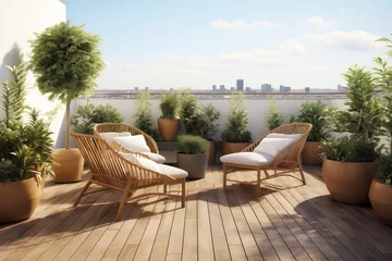 Fotobehang Cozy outdoor roof terrace with armchairs and potted plants © colnihko