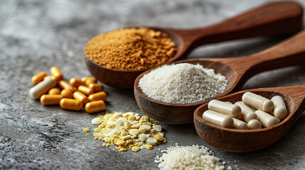 Dietary supplements for health and beauty,  in pill and powder forms, vitamins, collagen, biotin