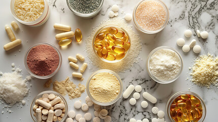 Dietary supplements for health and beauty,  in pill and powder forms, vitamins, collagen, biotin