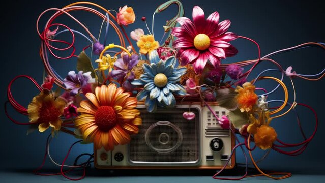 Retro stereo hifi and musical equipment surrounded by flowers and wires