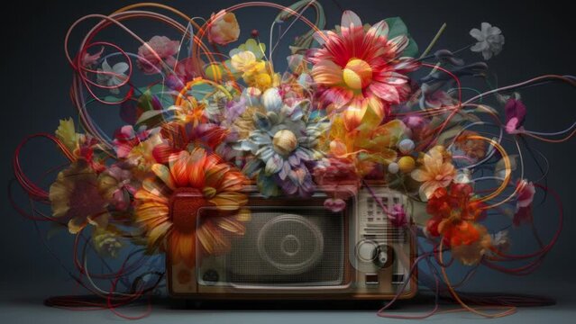 Retro stereo hifi and musical equipment surrounded by flowers and wires