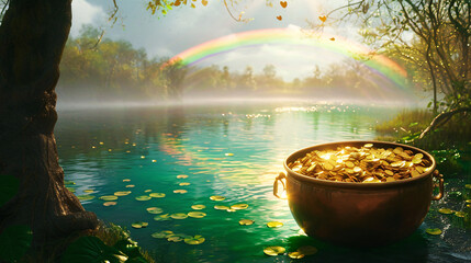 Irish Legend of rainbow and a leprechaun's pot of gold - obrazy, fototapety, plakaty