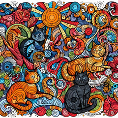 Colorful Cat Doodle art pattern with various objects