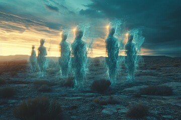  Ethereal, wispy entities communicating through telepathic signals on an alien world, a mystical scene as wispy entities communicate through telepathic signals in the ethereal atmosphere of an extrate - obrazy, fototapety, plakaty