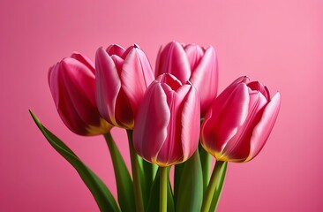 Fototapeta premium Pink tulips on the pink background. Valentines background. Beautiful Tulips flowers isolated on pink Background. Springtime flowers for Womens Day, Wedding, Birthday