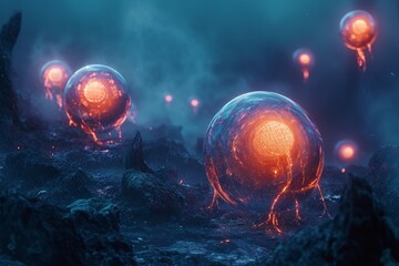 Glowing orb-like creatures with ethereal auras inhabiting a fantastical extraterrestrial realm, a magical scene where orb-like beings with ethereal auras. - obrazy, fototapety, plakaty