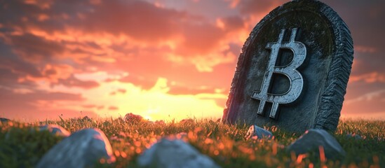 Bitcoin logo on tombstone in grass against dramatic sky. - obrazy, fototapety, plakaty