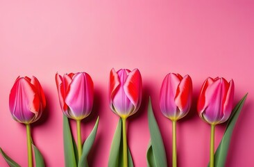 Pink tulips on the pink background. Valentines background. Beautiful Tulips flowers isolated on pink Background. Springtime flowers for Womens Day, Wedding, Birthday