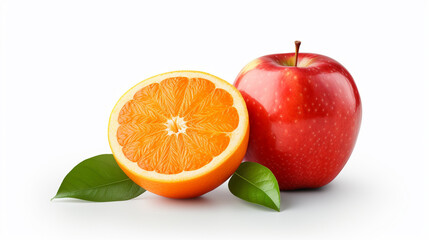 Isolated fruit. Cut red apple and orange fruit isolated on white background with clipping path , Generate AI