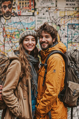 Pareja de chicho y chica de viaje con mochilas ropa de otoño chubasqueros viajando por el mundo con mapa de fondo