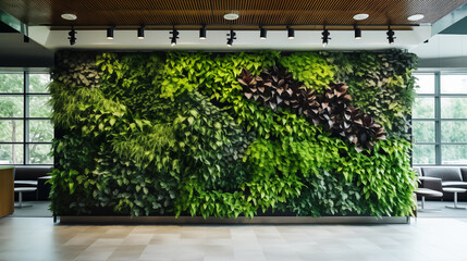 Eco-Friendly office lobby featuring an eco-friendly green wall design - obrazy, fototapety, plakaty
