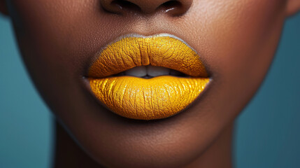 Close-up of beautiful lips with light yellow lipstick	
