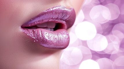 Close-up of beautiful lips with light pink lipstick	
