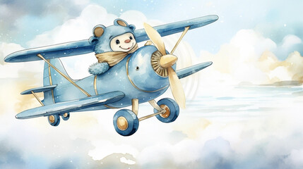 copy space, birthday card in watercolor style, pastel blue colors and golden glitters, sweet bear cub flying a vintage double-decker plane. Cute birth announcement card. Template voor birth cards, cut