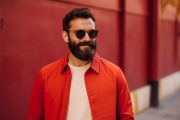 Portrait of a handsome bearded man in sunglasses on a red background
