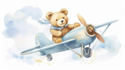 copy space, birthday card in watercolor style, pastel blue colors and golden glitters, sweet bear cub flying a vintage double-decker plane. Cute birth announcement card. Template voor birth cards, cut