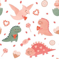 Pink love dinosaurs seamless pattern for Valentines day. Funny cartoon dino with sweets, candy, hearts repeat background, textile design, fabric for kids. . Hand drawn doodle design for baby girls.