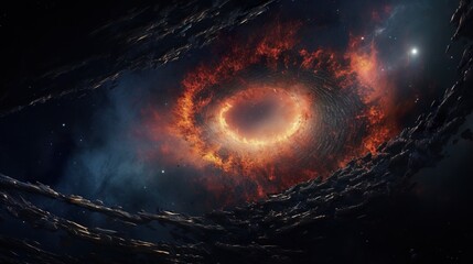 deep black hole in open space, glowing light and wormhole in outer cosmos, astronomy concept