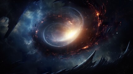 deep black hole in open space, glowing light and wormhole in outer cosmos, astronomy concept